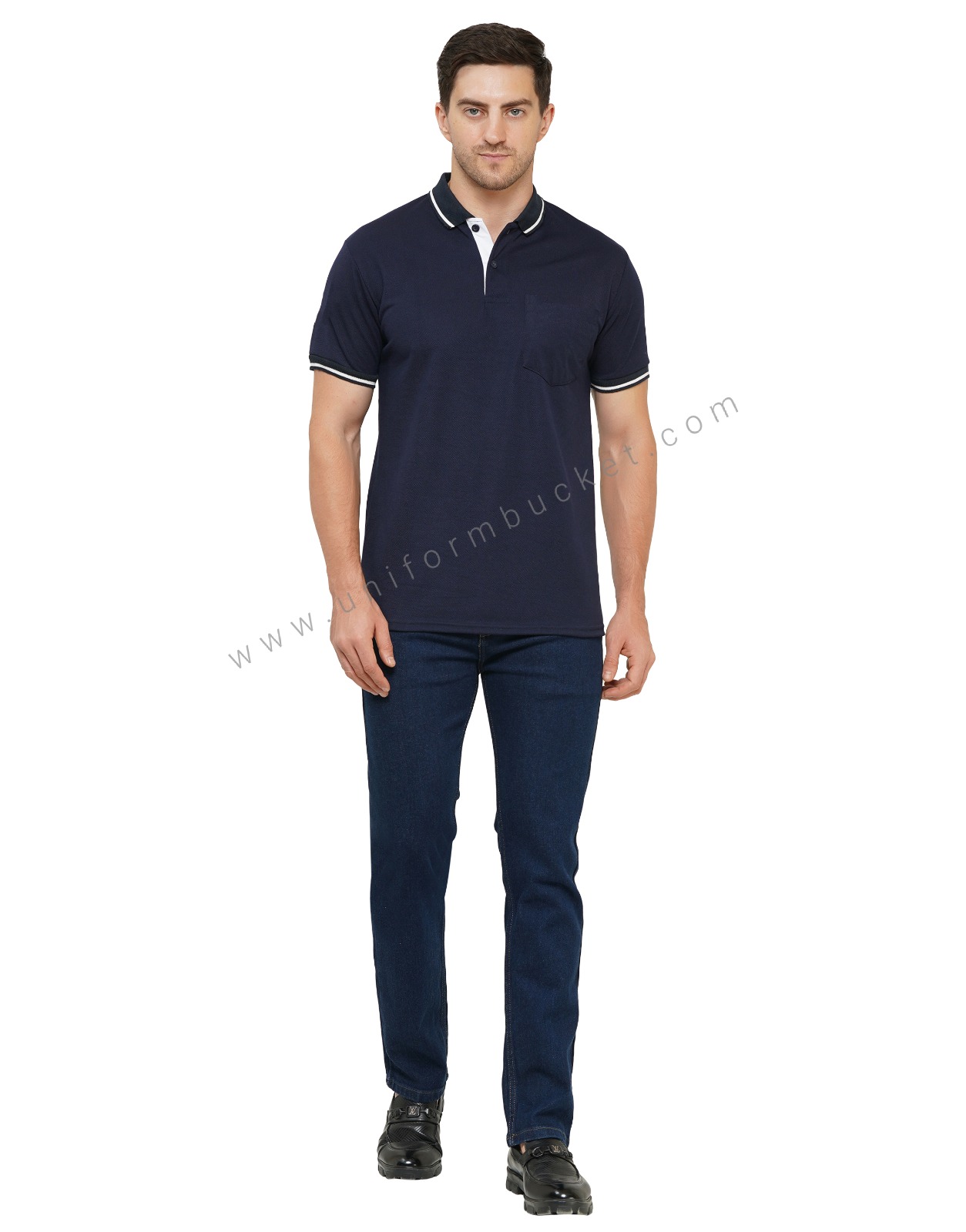 NAVY BLUE T-SHIRT WITH COLLAR & SLEEVE WHITE TIPPING view 3